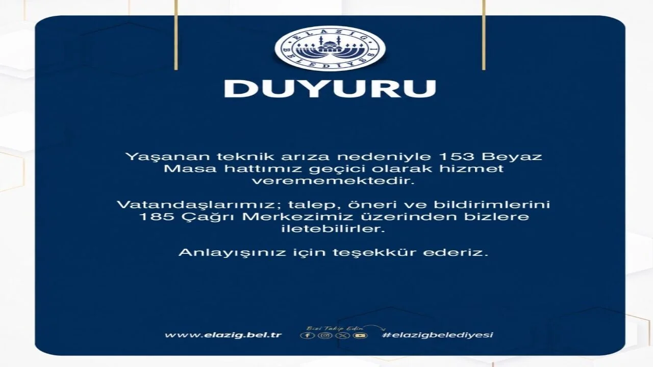 Elazığ Belediyesi’nden 153 Beyaz Masa İçin Önemli Duyuru: Alternatif Hat Açık