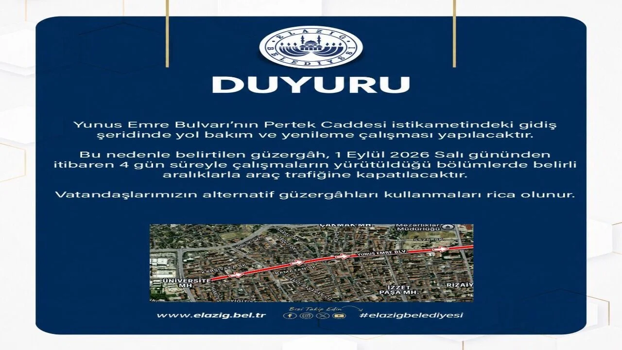 Elazığ’da Sürücülere Uyarı: Yunus Emre Bulvarı’nda Yol Bakım Çalışması Başlıyor
