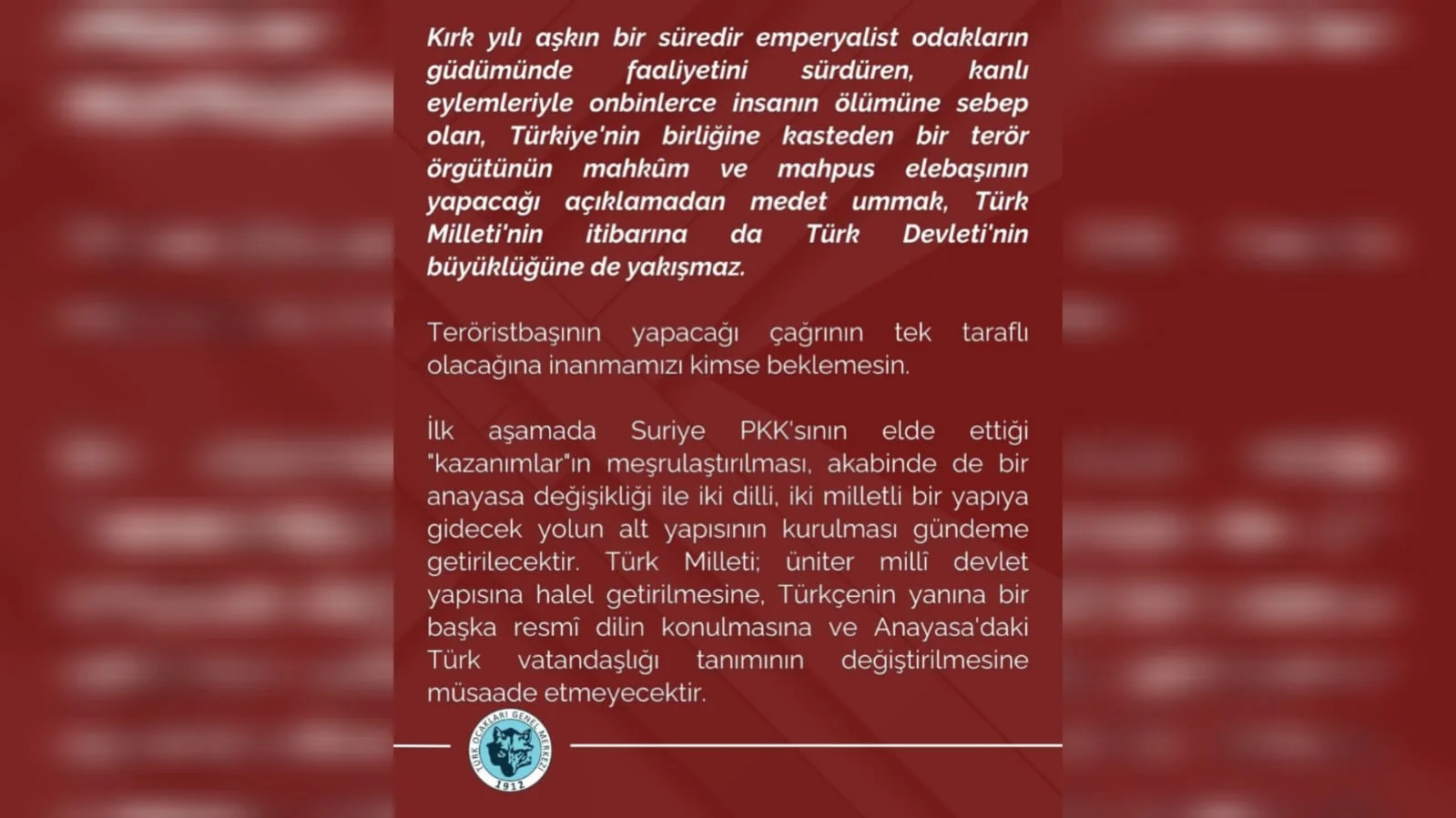 Türk Ocakları: “Terörist Başının Yapacağı Çağrıya İnanmamızı Kimse Beklemesin”
