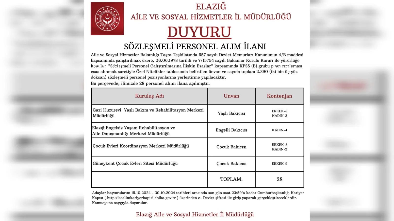 Elazığ Aile ve Sosyal Hizmetler İl Müdürlüğü’nden Yeni Personel Alımı!